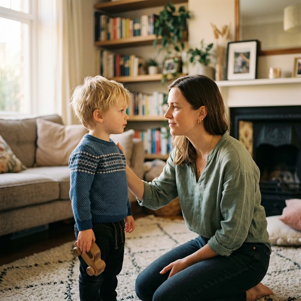 A mother calmly connecting with her young child at eye level