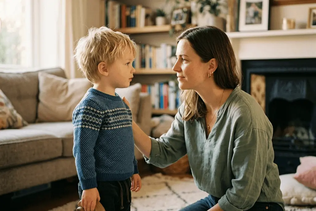 A mother calmly connecting with her young child at eye level
