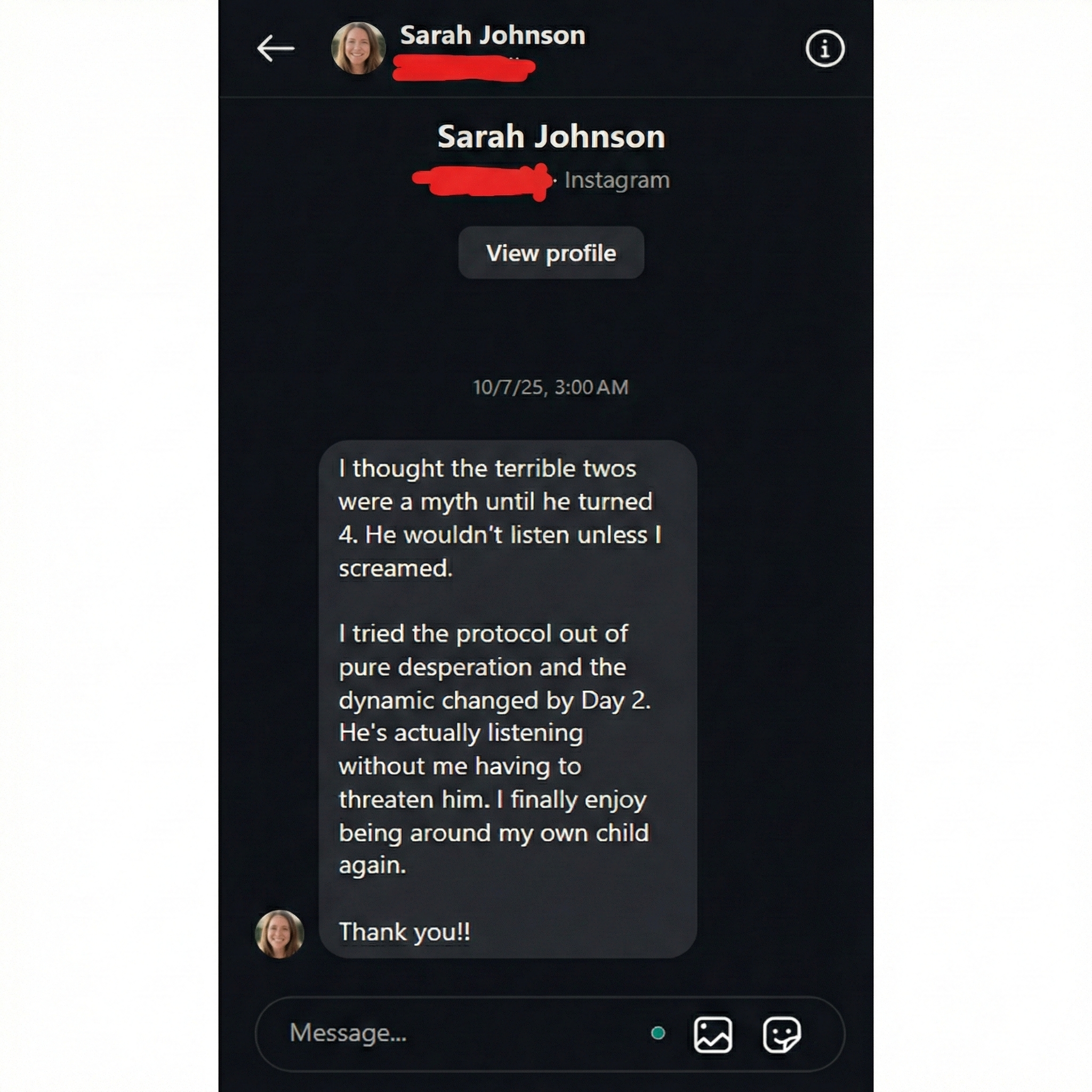 Sarah Johnson Instagram DM Testimonial